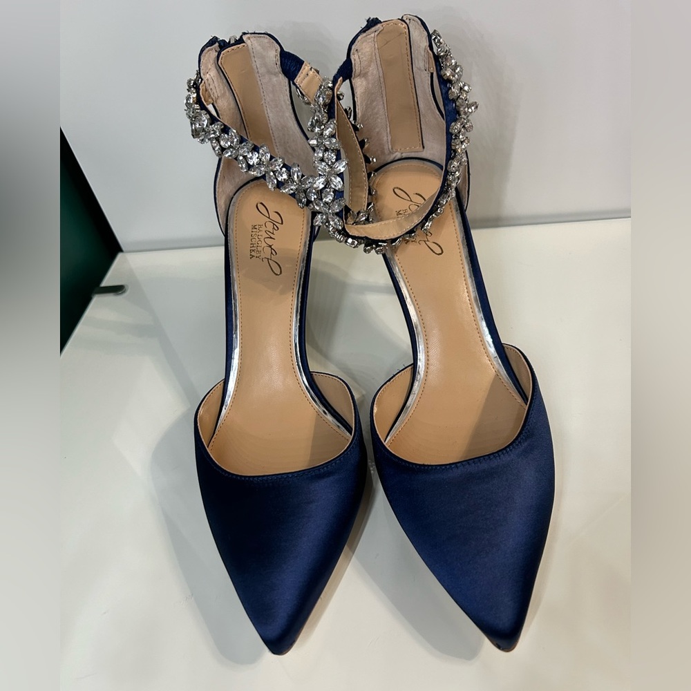 Badgley Mischka Raleigh Pointed Toe Pumps Blue Satin - Picture 6 of 11